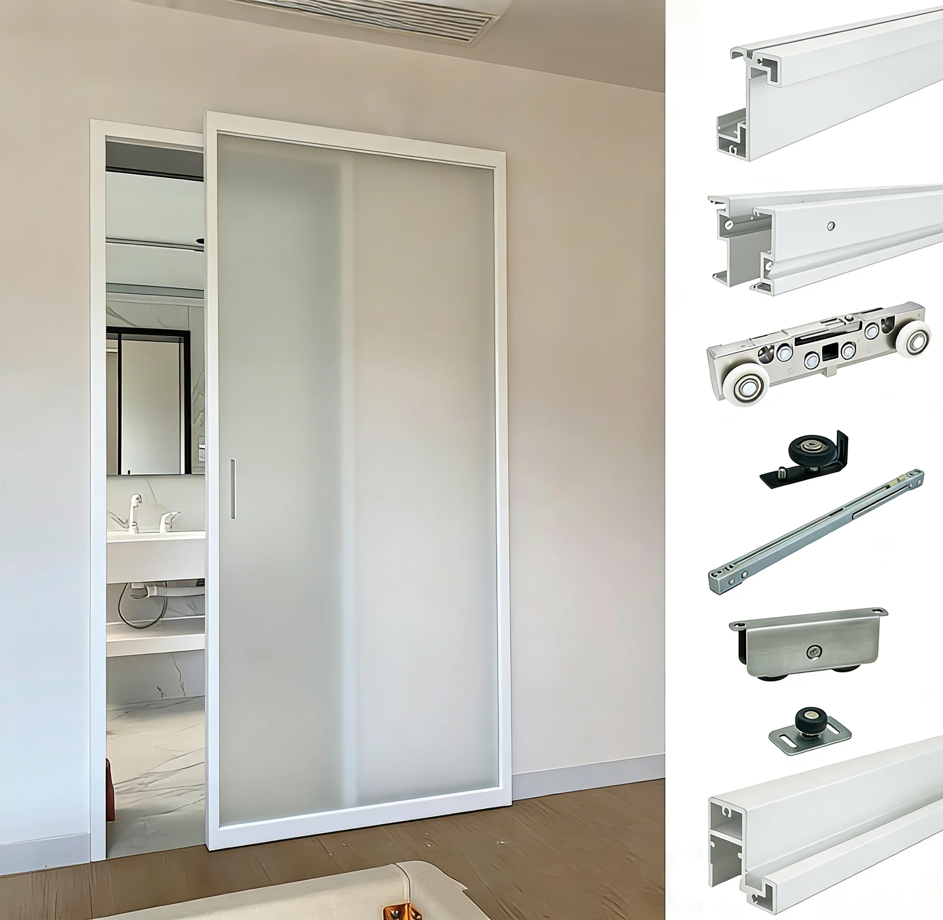 2026 Modern Hidden Mirror Ghost Sliding Door System White Profile Soft Closing Magic Invisible Sliding Door Accessories Kits