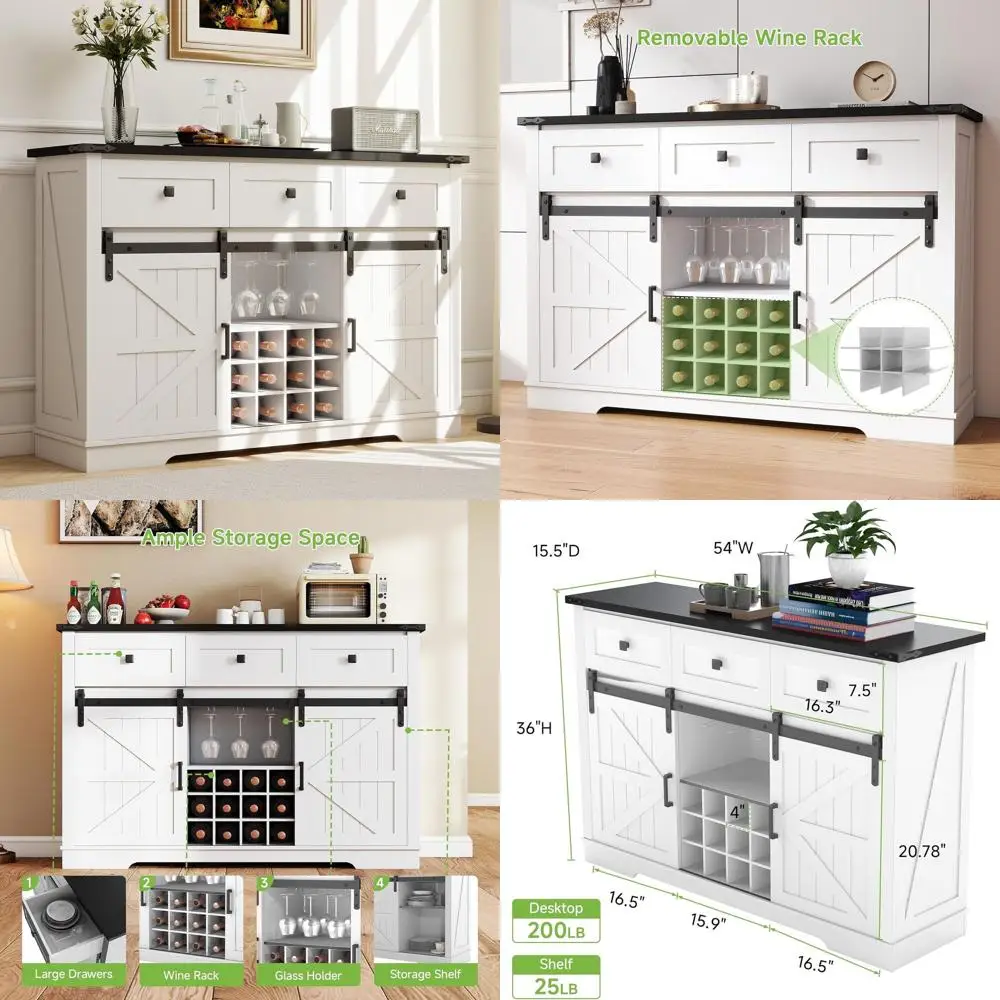 

Farmhouse Wine Bar Cabinet, 54" Coffee Bar Cabinet with Storage, Sliding Barn Door, Wine and Glass, Rustic Large Buffet Sideboar