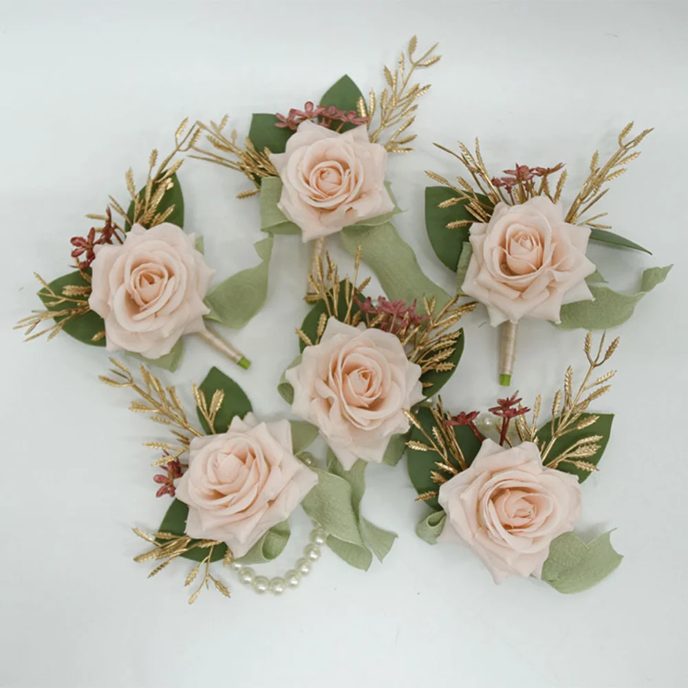 Women's Flowers Wedding Boutonnieres for Guest Pins Light Pink Silk Rose Corsage Wrist Bridesmaid Groomsmen бутоньерка на руку