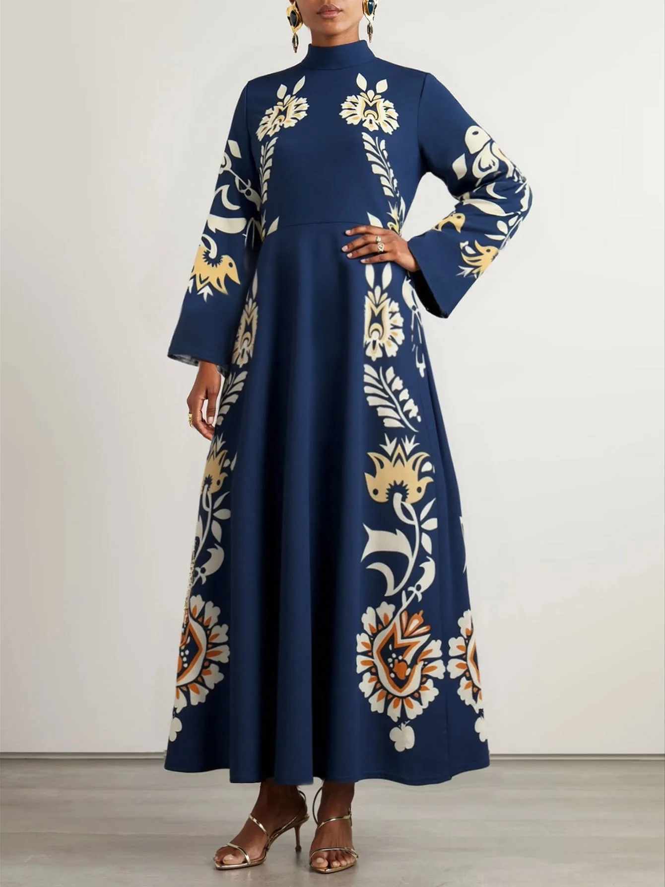 Elegantes Damen-Maxikleid mit Vintage-Blumendruck, hohem Kragen, ausgestellten langen Ärmeln, Herbst 2026, schlichtes, lockeres A-Linien-Partykleid. – Detail 7