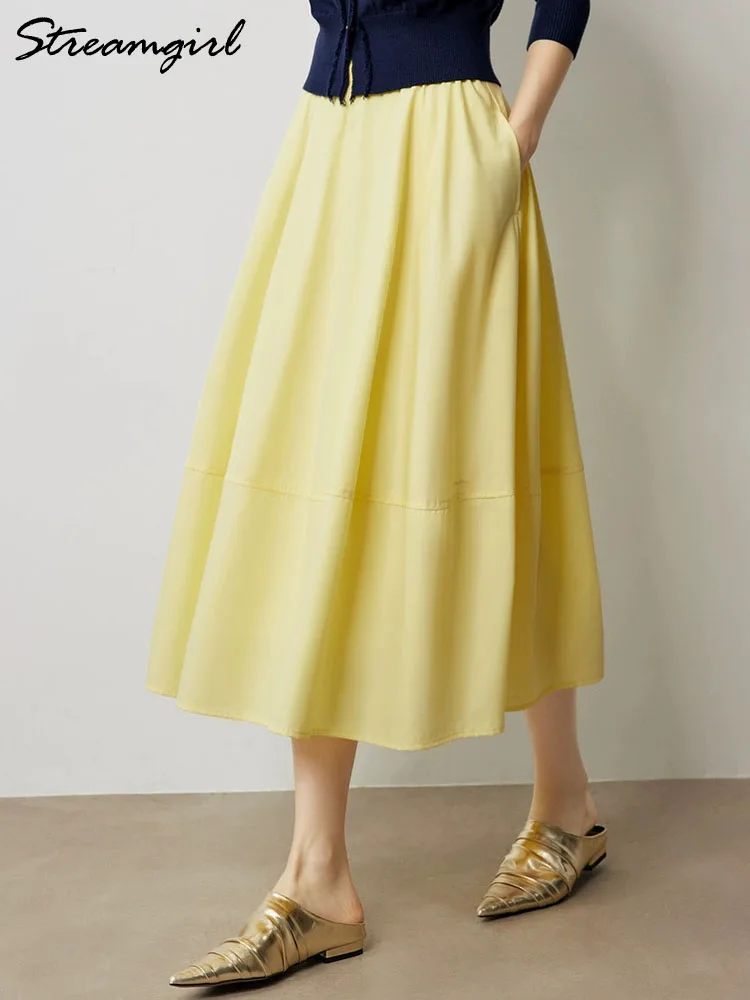 

Butter Maxi Skirt With Pockets For Women Fall Elastic Waist White Umbrella Skirts Long Maxi Office Ladies A Line Skirts Women