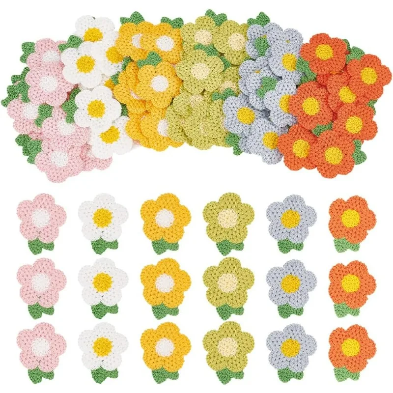 60Pcs 6 Colors Crochet Flowers Applique 1.8x1.5 inch Crochet Floral Applique Patches Sew on Floral Patch Embellishment Handmade