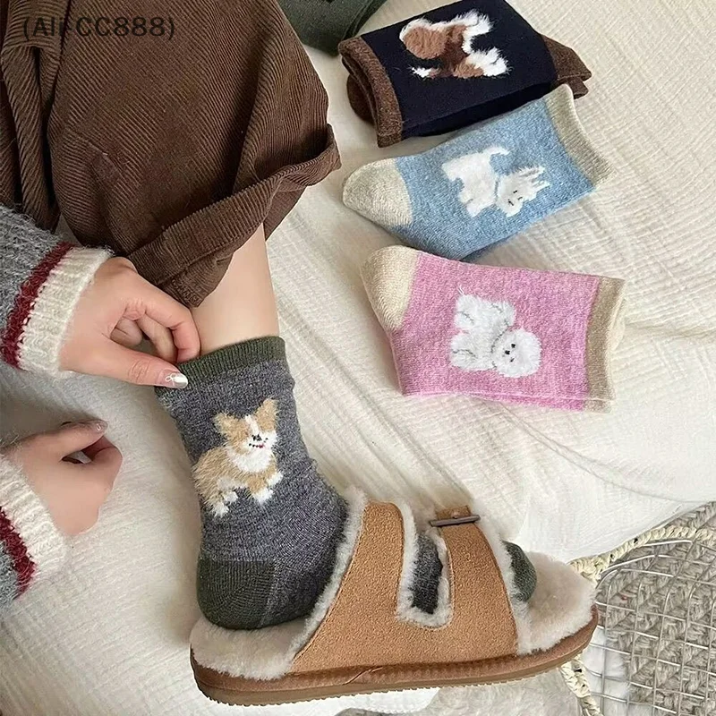 Autumn /Winter Japanese Style 3D Flocking Puppy Cotton Socks Cute Simple Color Blocking Women Warm Mid-calf Socks