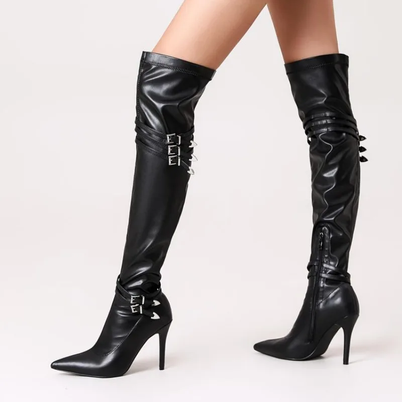 Sexy Minimalist Black Red Slim Fit Over Knee High Boots Autumn Winter Pointed Side Zipper Slim High-heeled Women's Boots 45