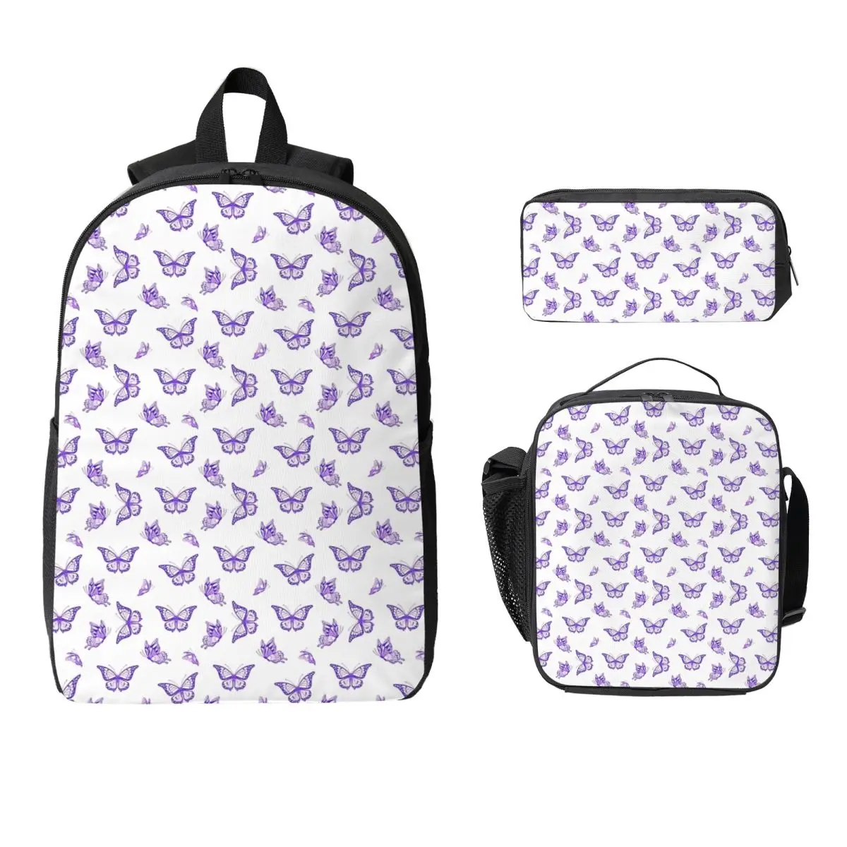 

The Purple Butterfly Print Backpack Student Boy Girl BookBag School Bag Laptop Shoulder Bags 3ps Insulated Lunch Bag Pencil Case