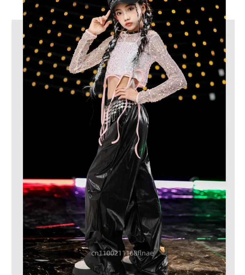 Fantasia de dança de jazz para meninas, hip-hop, lantejoulas, dança de rua, conjunto de pista, grupo de meninas, fantasia de performance de palco