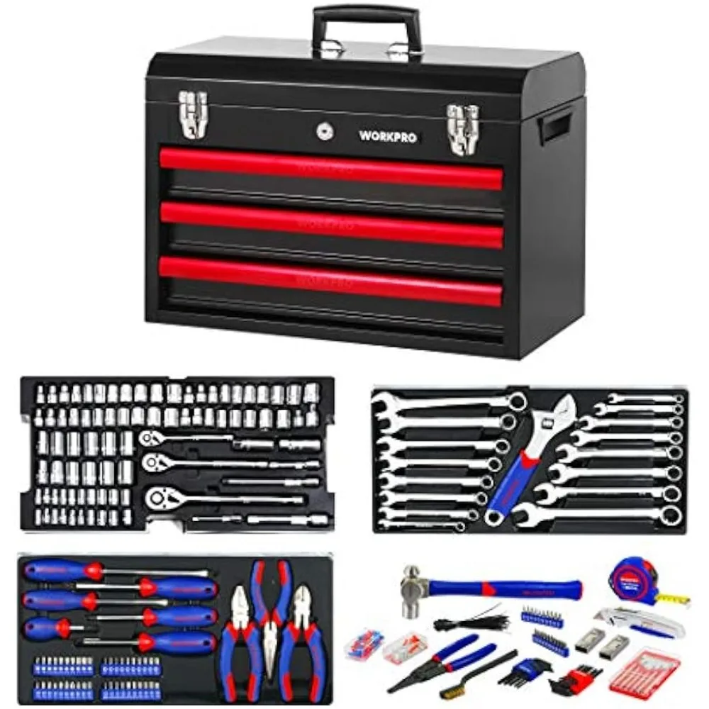 WORKPRO 408-Piece Mechanics Tool Set, General Household Home Repair Tool Kit with 3-Drawer Heavy Duty Metal Box, Hand Tool