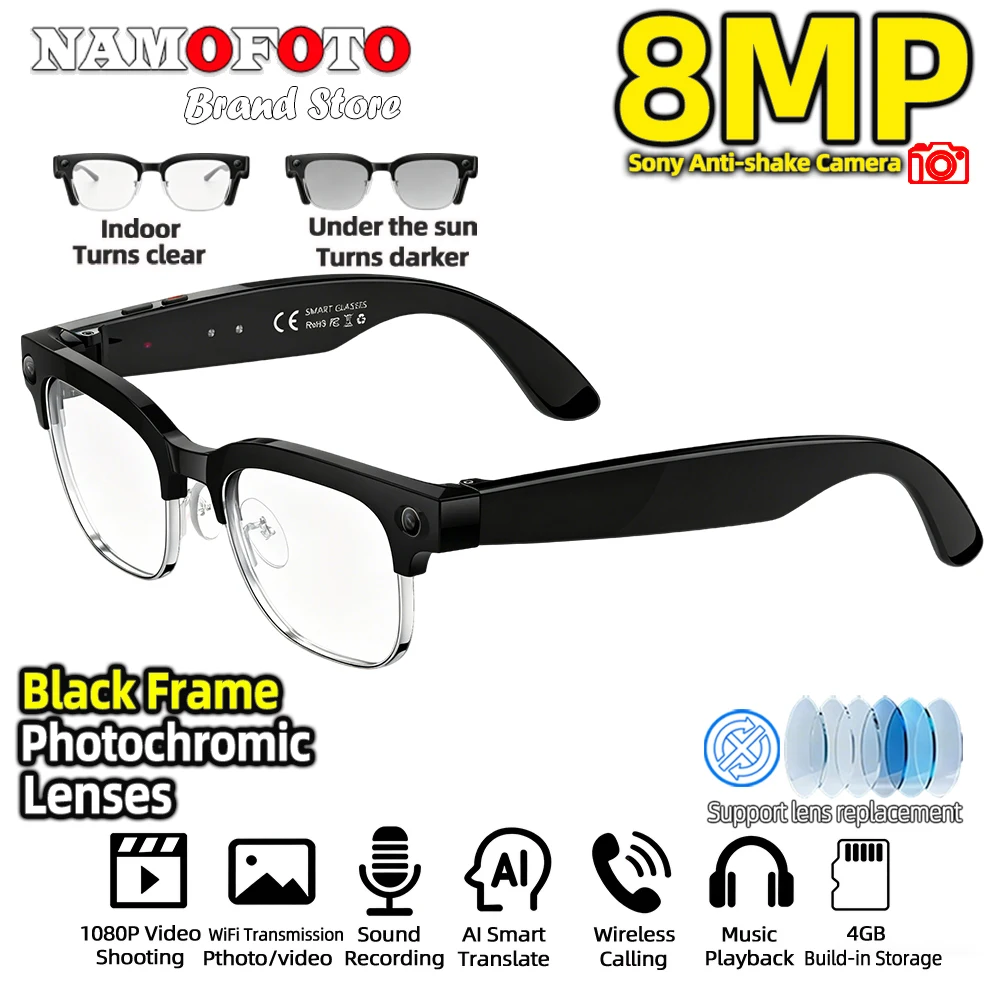 

2026 New AI Translation Smart Glasses 4GB 8MP Camera 1080P Video Recording Photo Recognition BT Call Music Men Women Sunglasses
