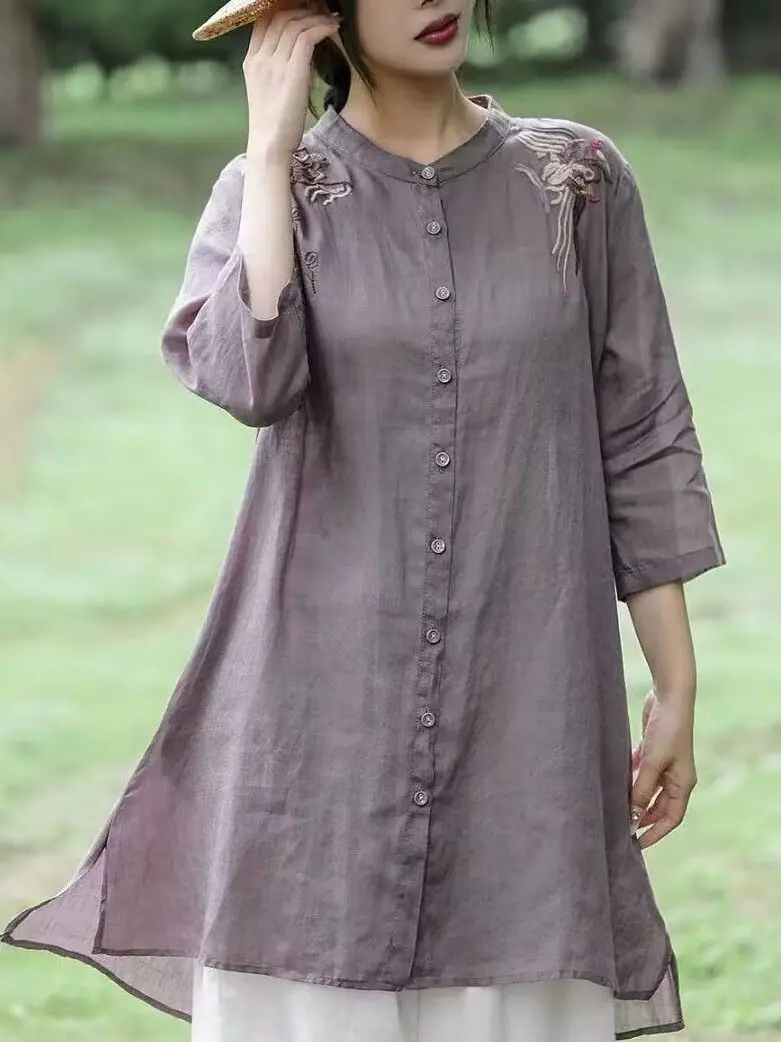 

Ретро-японская хлопково-льняная рубашка с защитой от солнца для женщин, летняя, свободного кроя, с национальной вышивкой, средней длины, легкая, премиум-класса