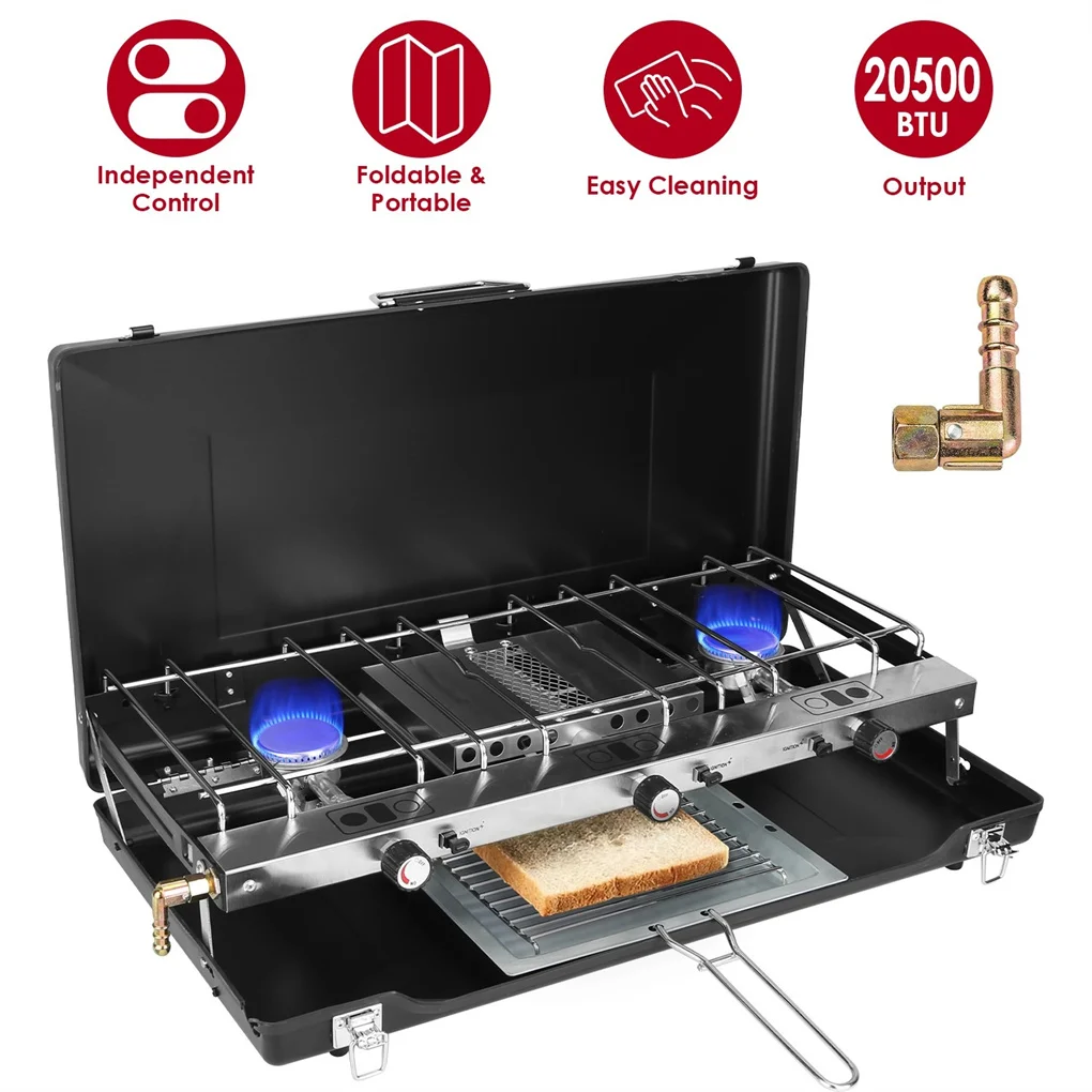 

3-Burner Propane Camping Stove 20000 BTUs, Portable Camp Stove with 3 Adjustable Burners and Push-Button Instant Ignition