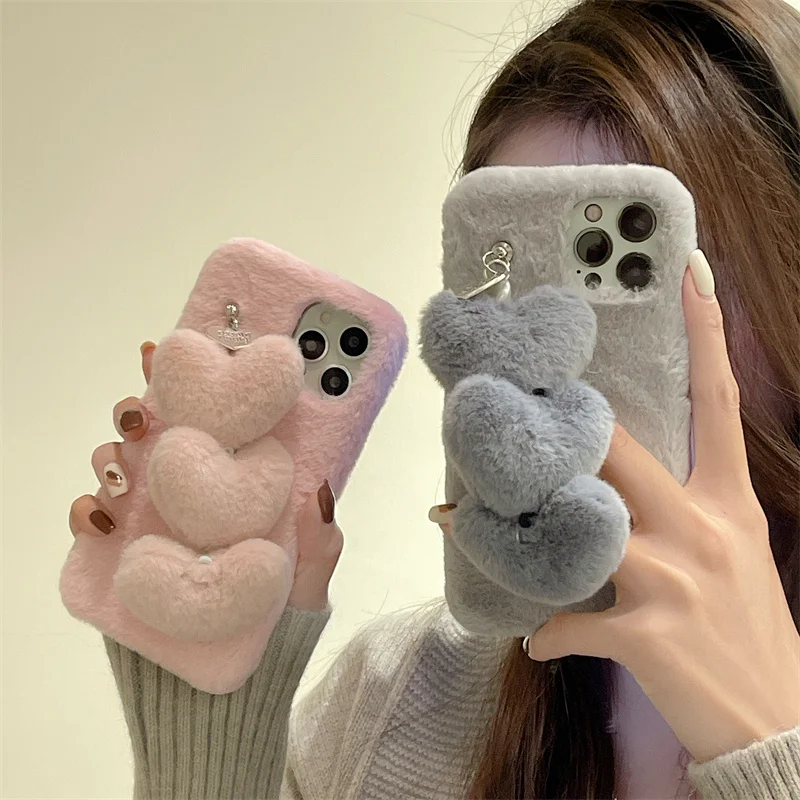 

Fashion Solid color Fur Phone Case For iPhone 16 Pro 12 13 11 15 Plus 14 Pro Max Cover Cute Love chain Silicone Cases For 15Pro