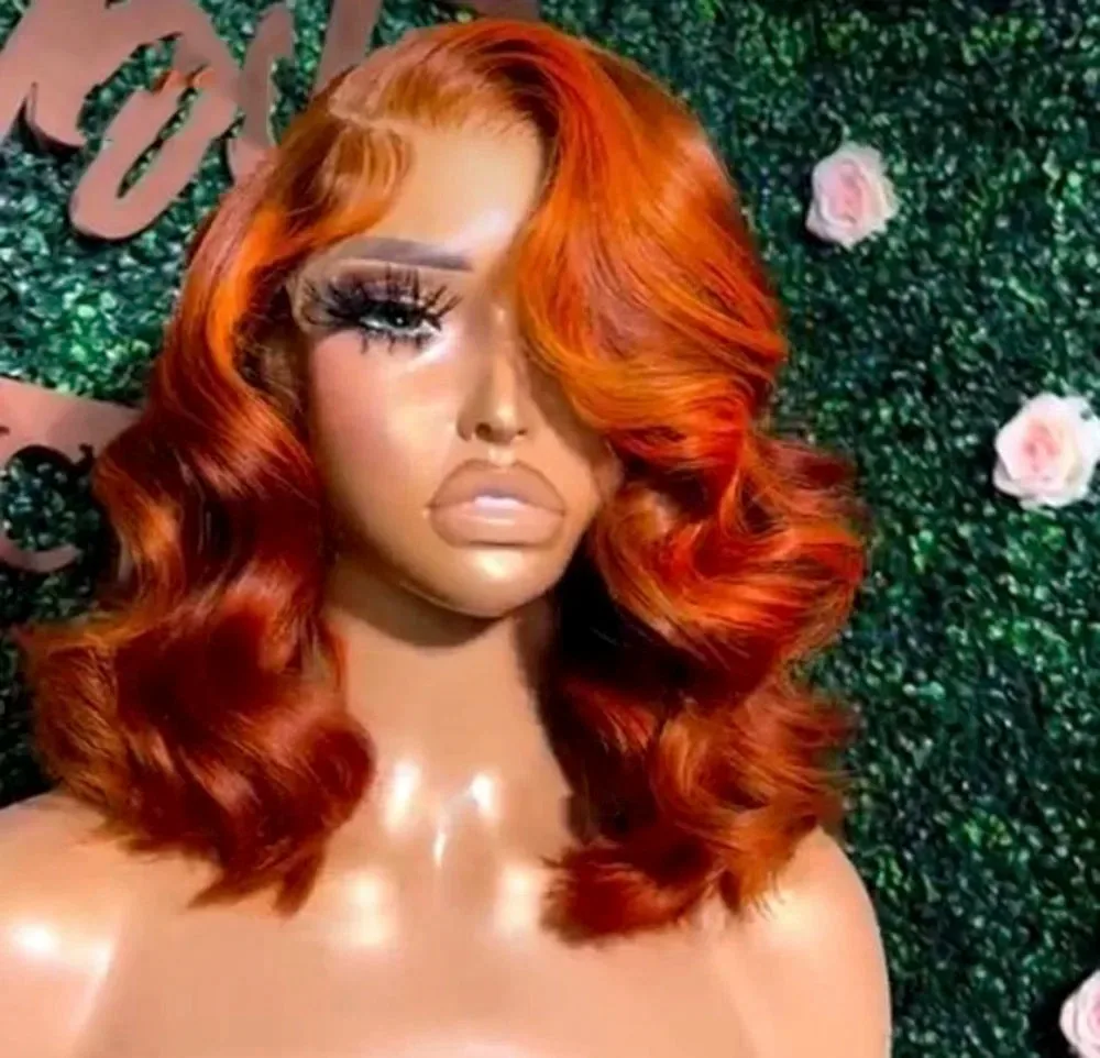 Bob Wavy HD13x4 Synthetic Frontal Lace Wigs Orange Colored Glueless Wear And Go Wig Pre Plucked With Bady Hair For Black Women