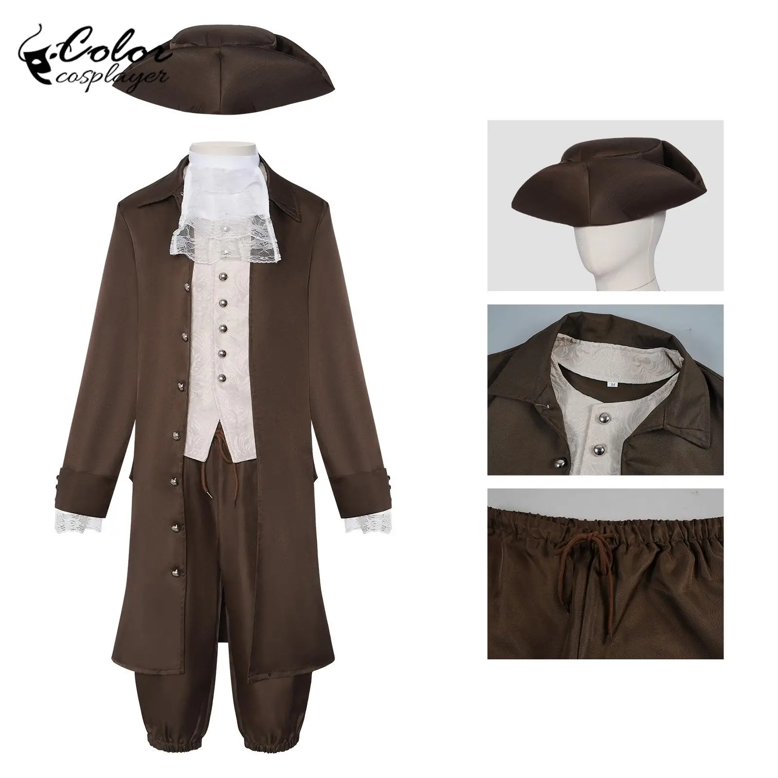 

Карнавальный костюм пирата для мужчин, средневековый костюм, костюм президента Вашингтона, коричневое винтажное платье, одежда для фестивалей и сцены