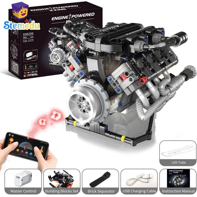 

K96206 715PCS V8 Engine Model Building Kit Programmable MOC with LED Lights APP Control STEM Educational Toy for Kids Adults