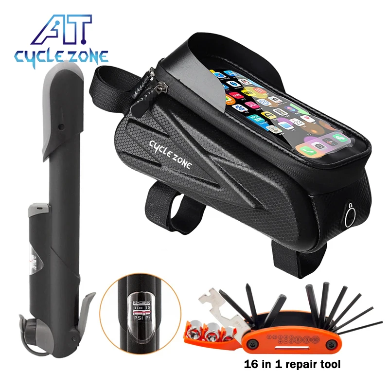 Bike Storage Bag Repair Tools Set Multifunctional Air Pump with Pressure Gauge Cycling Phone Holder Top Tube Bag Repair Tool Set