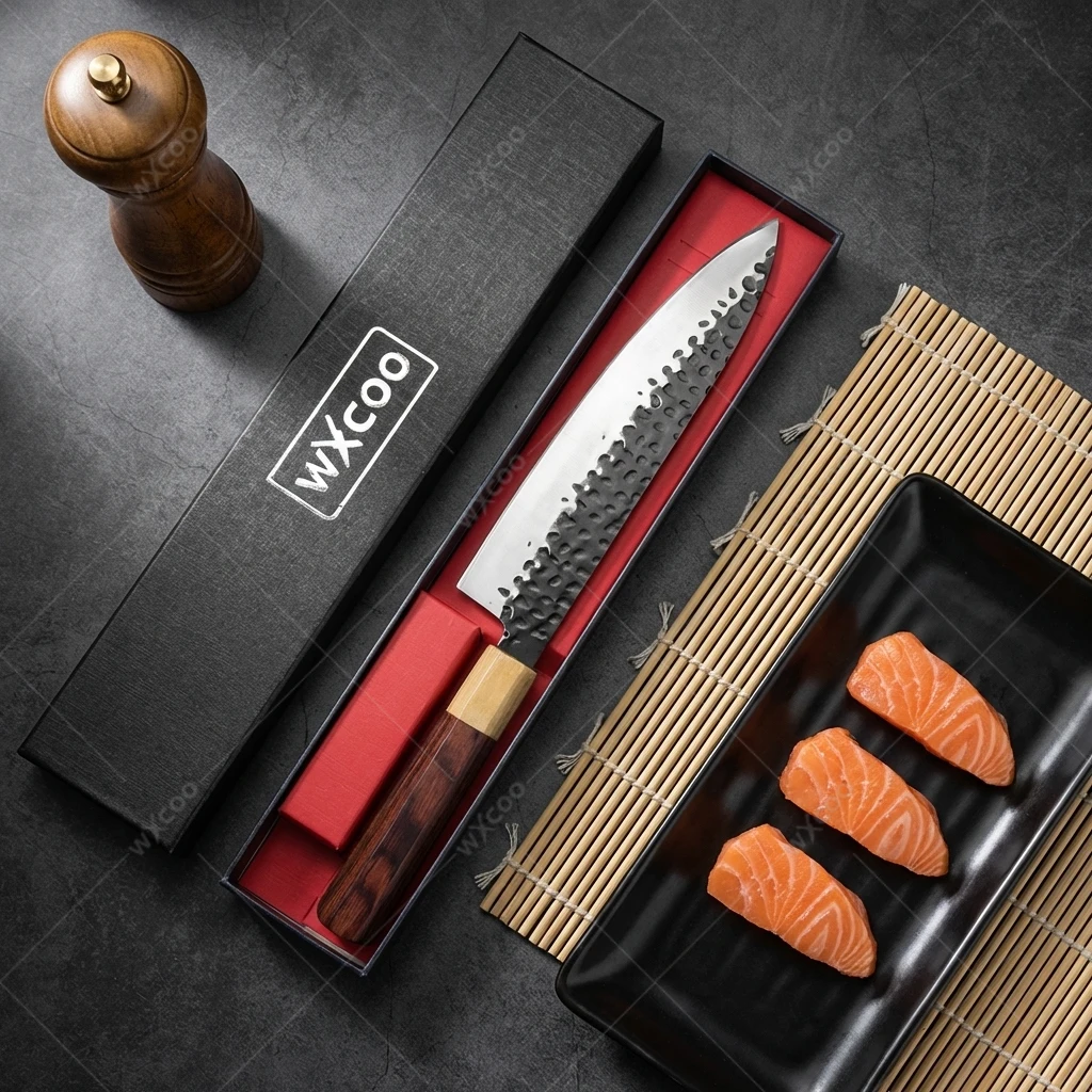 

WXCOO Japanese Stainless Steel Kitchen Knife Colorful Wooden Handle Japanese Sushi Santoku Knife Slicing Sashimi Knife with Box
