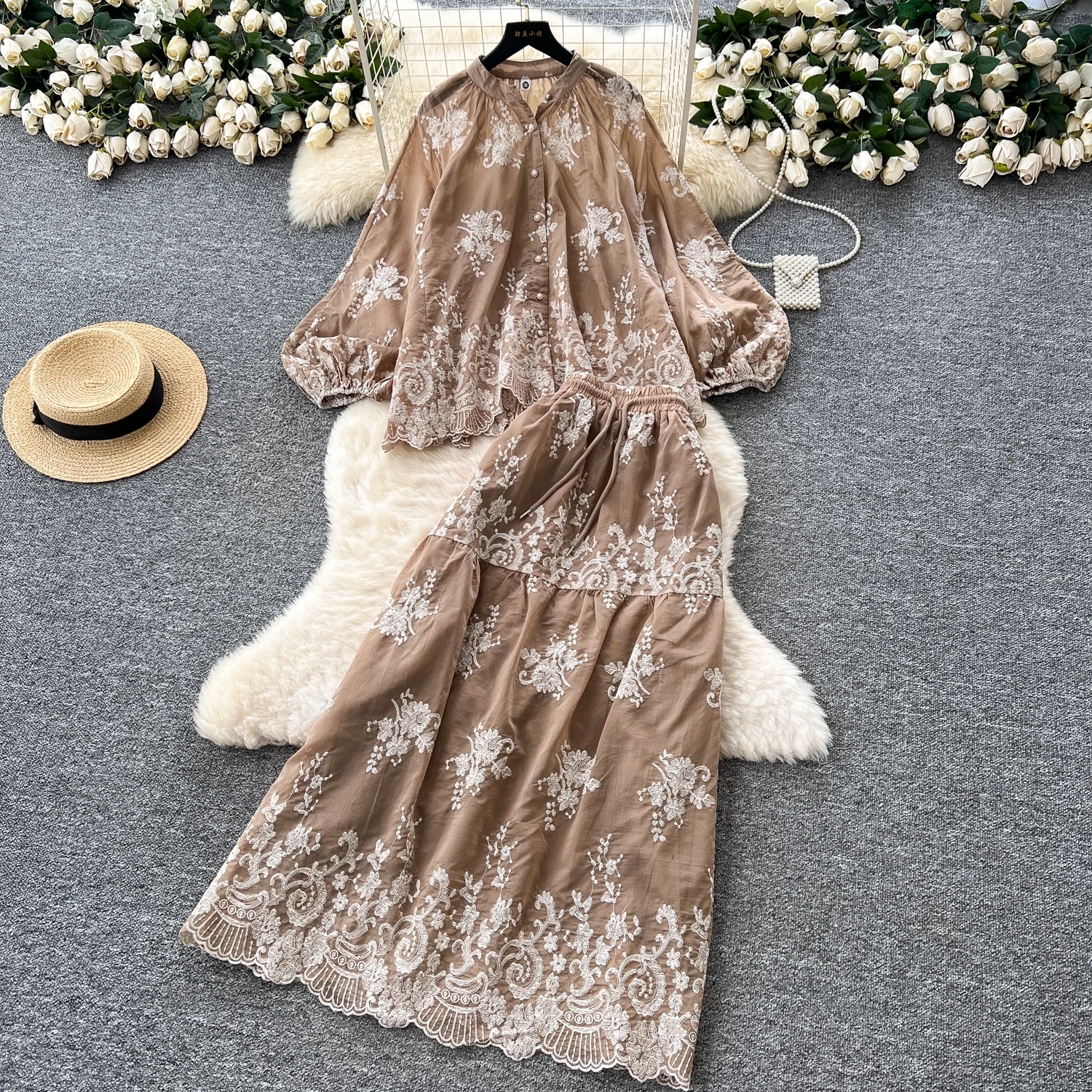 

Chic vintage long sleeve Embroidered button loose slim Elegant Fairy korean fashion Boho autumn women clothing Two Piece Set