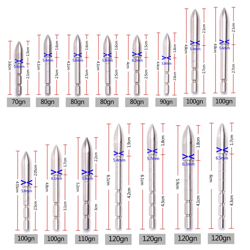 

12pcs ID4.2 mm DIY 70 80 90 100 110 120 Grain Stainless Steel Bullet Point Tip Arrow Head Archery Accessory