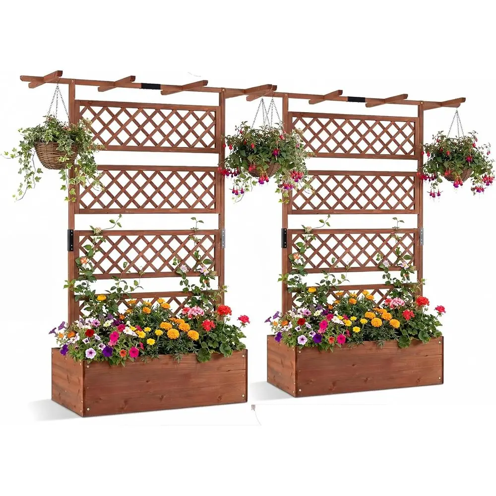 72 Tall Wooden Garden Planter with Trellis, Privacy Screen, and Climbing Support for Patio, Balcony, and Gardening (Brown, 2-Pac