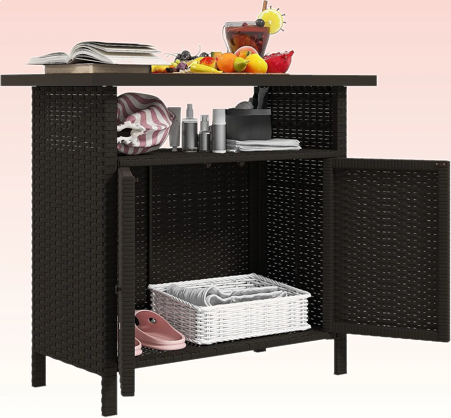 Outsunny Wicker Outdoor Storage Cabinet with 2 Doors Shelf Rattan Bar Table Buffet Sideboard Metal Slatted Countertop Patio Dark Coffee