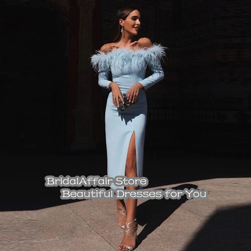 BridalAffair Elegant Light Blue Stretch Satin Prom Dresses Off Shoulder Feathers Long Sleeves Side Slit Tea Length Party Gowns