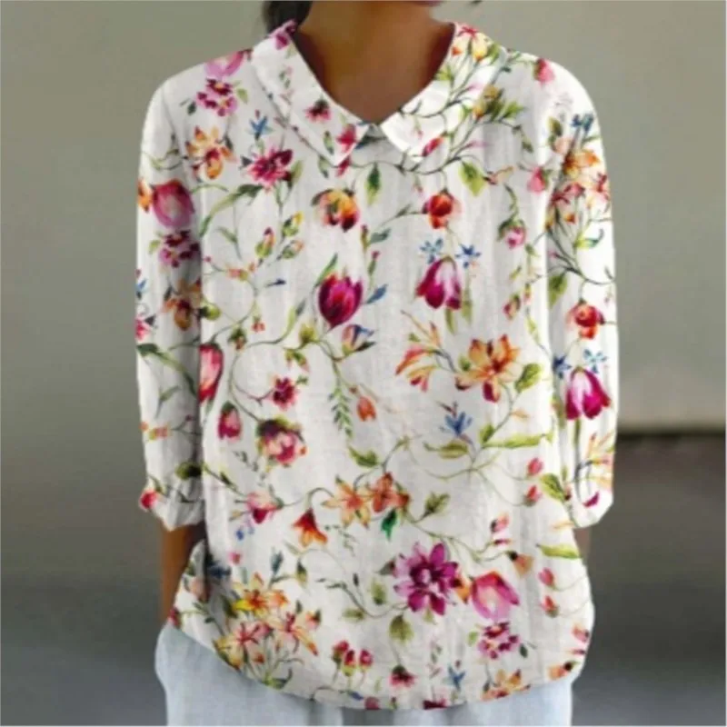 Blusas Vintage para mujer, camisa holgada informal de manga larga con estampado de solapa de lino y bambú para otoño, ropa superior elegante para mujer