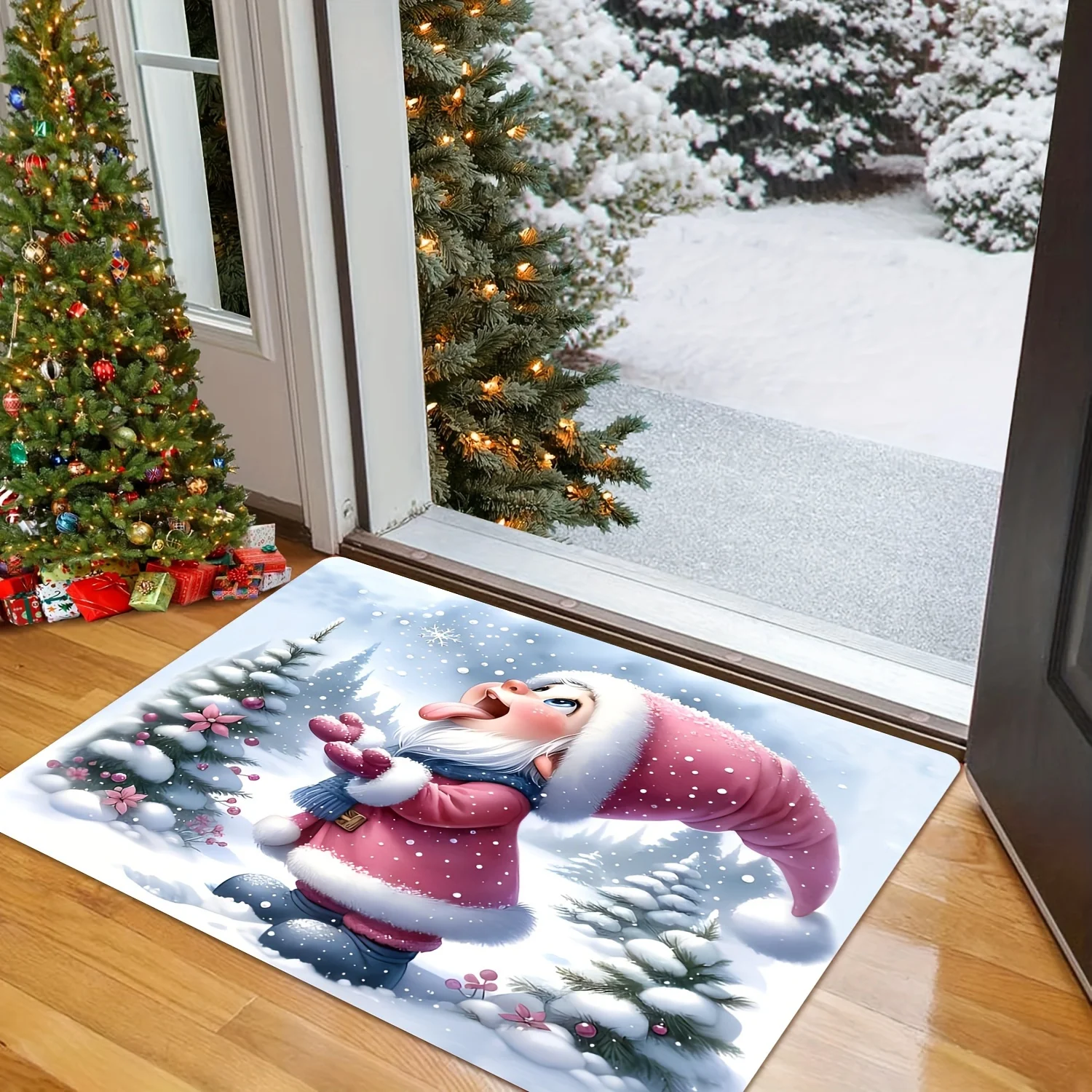 VIKAMA Christmas Theme Cartoon Floor Mat Fun Pink Father Christmas Snow Scene Entry Non-Slip Doormat Home Decoration