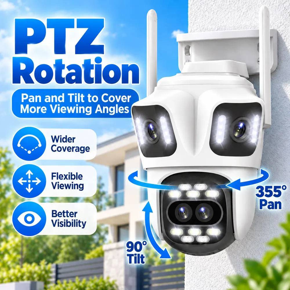8K 16MP ICsee Outdoor PTZ WIFI IP Camera Home Security CCTV Video Surveillance 2-Way Audio Auto Tracking 4Lens 3Screen Display