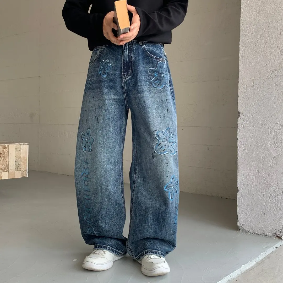 Flower Print Wide-leg Scimitar Jeans Men Streetwear Hip Hip Loose Casual Oversize Straight Denim Baggy Jeans Pant Trousers