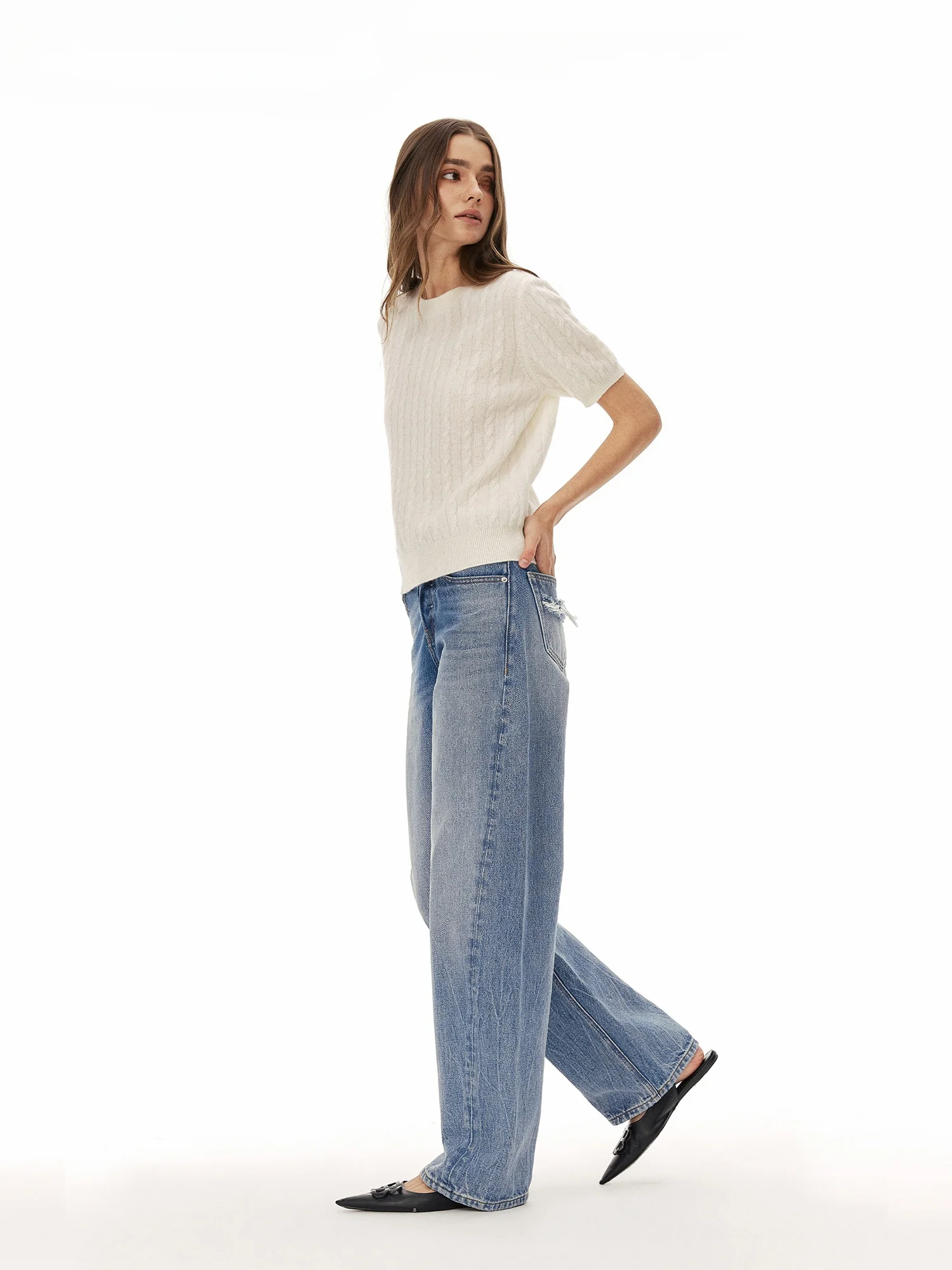 Retro Washed Blue  Mustard Folded Denim Jeans Loose Straight Leg Shape Cotton Long Trousers Casual Style Daily Wear