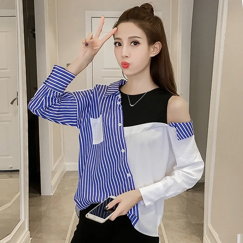 

Women's Long-Sleeved Button Stitching Shirt Overalls Casual O-neck Stripe Large Size Female Spring Autumn New X951