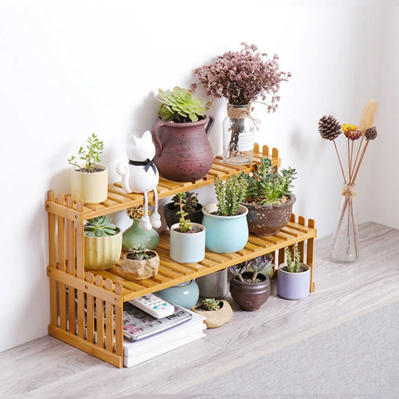 Bamboo Flower Display Stand Plants Pots Rack 1/2 Tier Folding Shelving Home Office Desktop Organizer Storage Shelves Rack