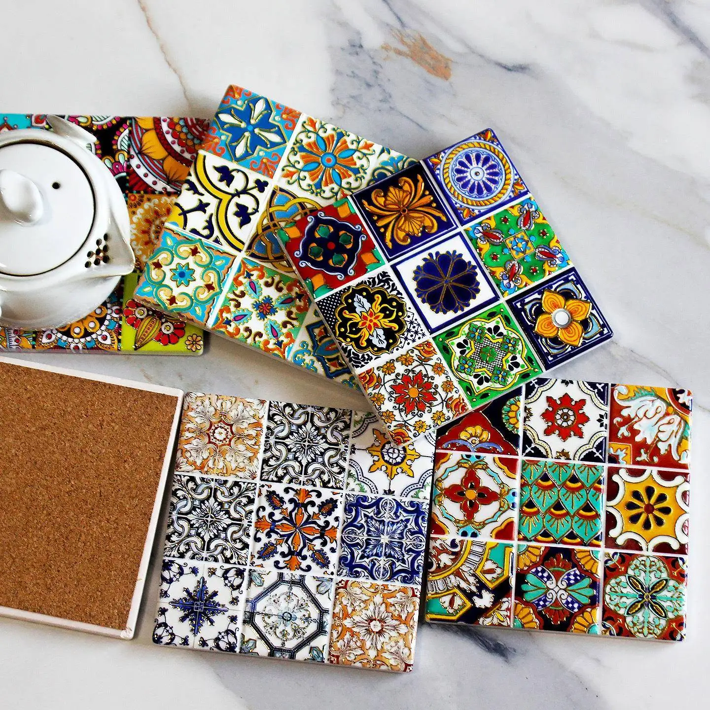 Luxury Ceramic Square Cup Mat Tea Cup Coaster Floral Brick Bowl Mat Heat Resistant Dining Tableware Creative Cultural Gift