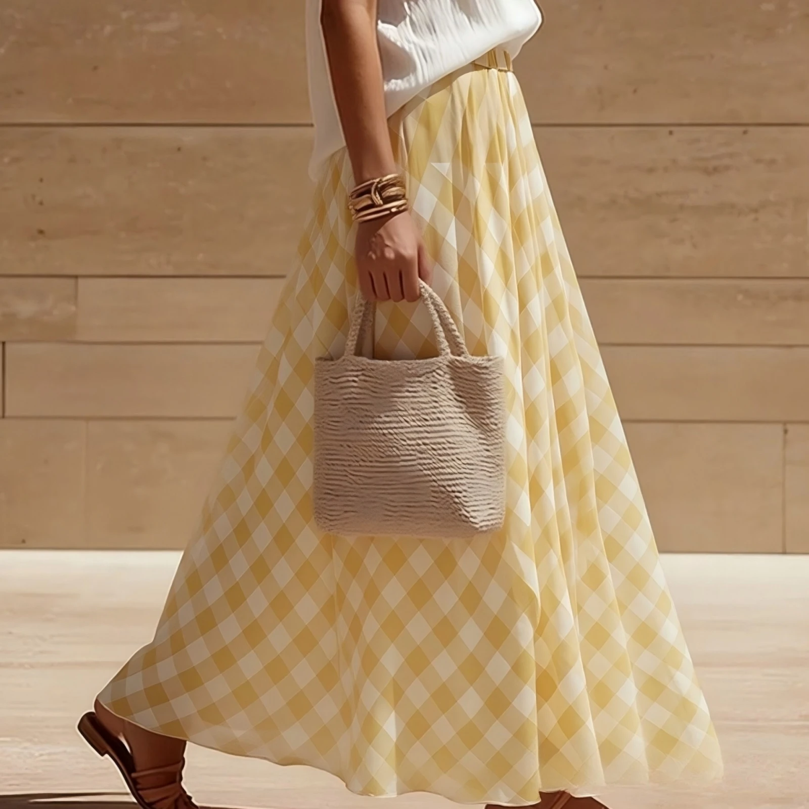 Women Summer Plaid Long Skirts Retro Plaid Print Elastic Waist Flowy A-Line Beach Skirt Fashion High Streetwear