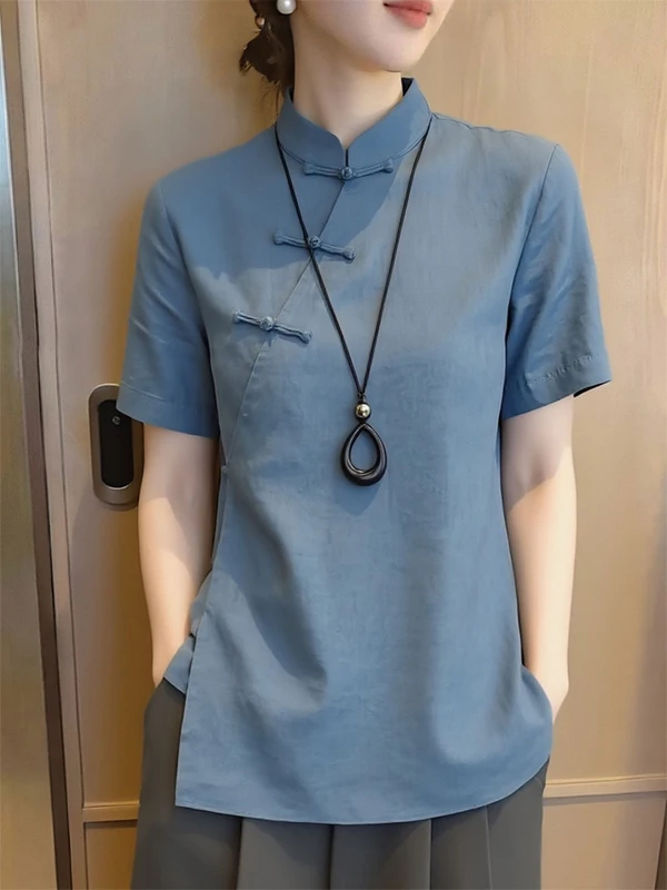 

Retro Stylish Blue Button up Short Sleeve Women's Shirt Chinese Style Stand Collar Top Casual Loose Fit Summer New Arrival