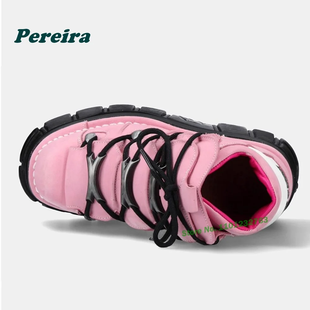 Pink Metallic Rock Ankle Boots Tank Soled Platform Punk Motorcycle Boots Spicy Girls Y2K Street Style Retro Women's Shoes Spring view 4