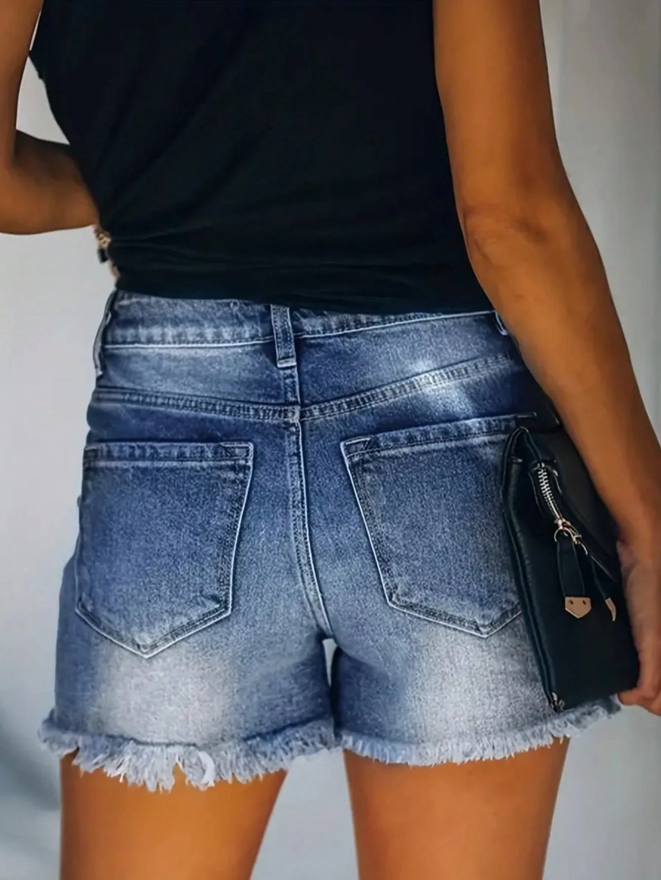 Women's Summer Denim Shorts, Distressed Hem Design, Casual Fit, Solid Color, Suitable for Daily Outdoor Wear