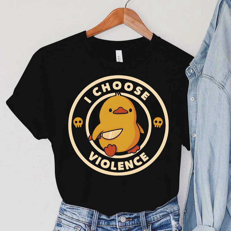 Women\'s I CHOOSE VIOLENCE Knife Print Clothing Duck Print T-Shirts Cartoon Animals Female Tops Vintage Skull Women New T-Shirts