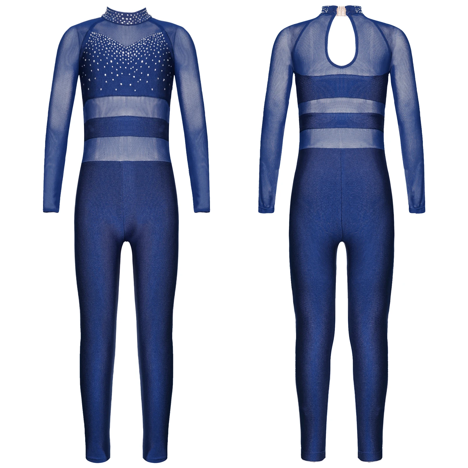 

Kids Girls Figure Skating Bodysuit Ballet Gymnastics Unitard Jumpsuit Shiny Rhinestone Sheer Mesh Long Sleeve Dance Leotards