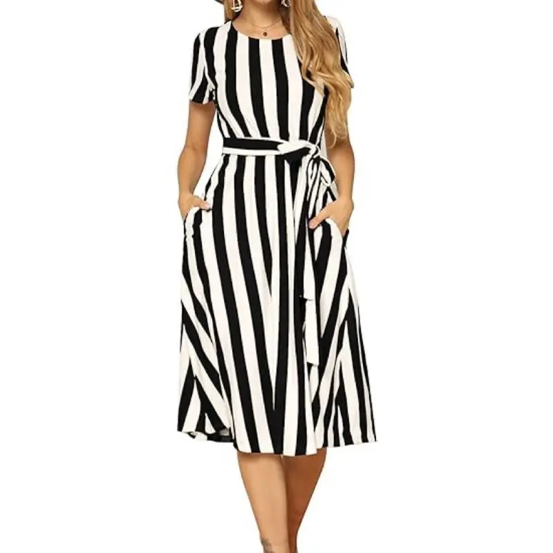 

Dress Fashion 2025 Summer Latest Casual and Elegant Dress with Belt and Pocket Stripes, New Women's Clothing for Summer 2025