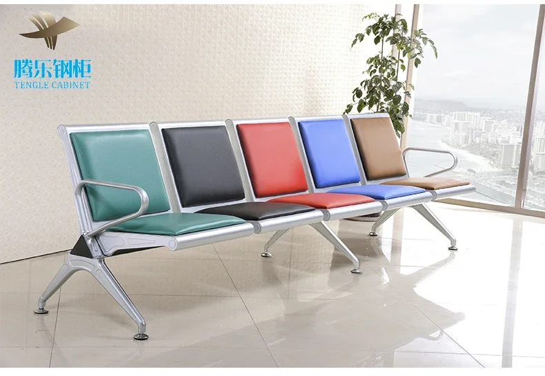 Outdoor Steel Gang Chair Seats With Optional PU Leather Cushion Three-Seat Tandem Bench For Airport Waiting For Outdoor Use