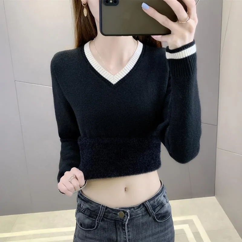 

Бархатный свитер с v-образным вырезом, нижняя рубашка для женщин, осенне-зимний тонкий вязаный свитер, топ