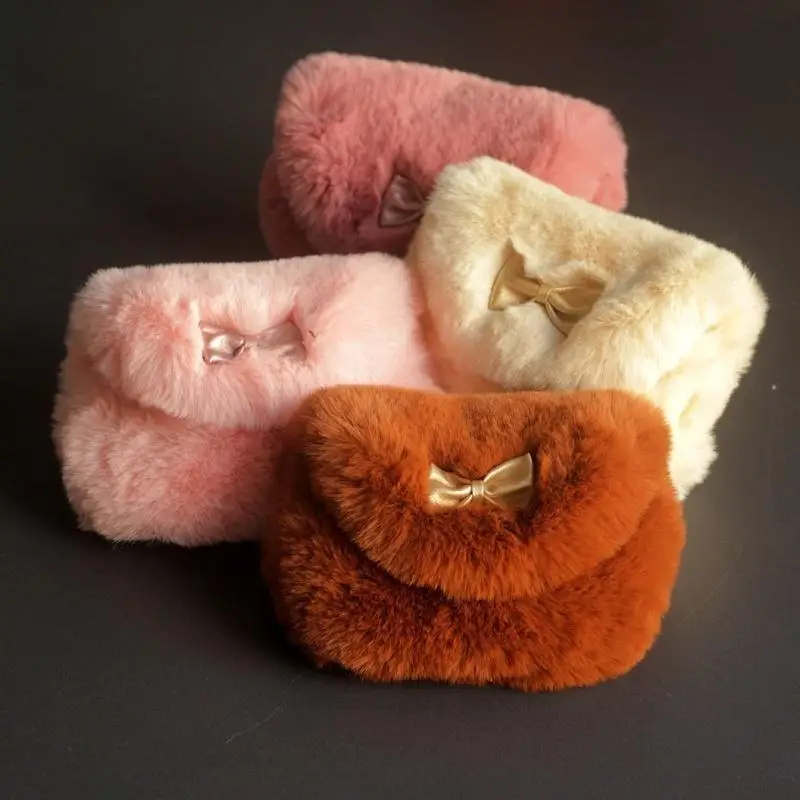 1PC Plush Small Bag Winter Fashion Bow Hair Shoulder Messenger Coin Purse Holiday Gift