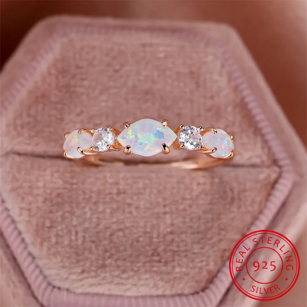 Różowe złoto Biały ognisty opal Marquise Stone Ring Prawdziwe srebro próby 925 Pierścionki zaręczynowe dla kobiet Obrączka Biżuteria kryształowa