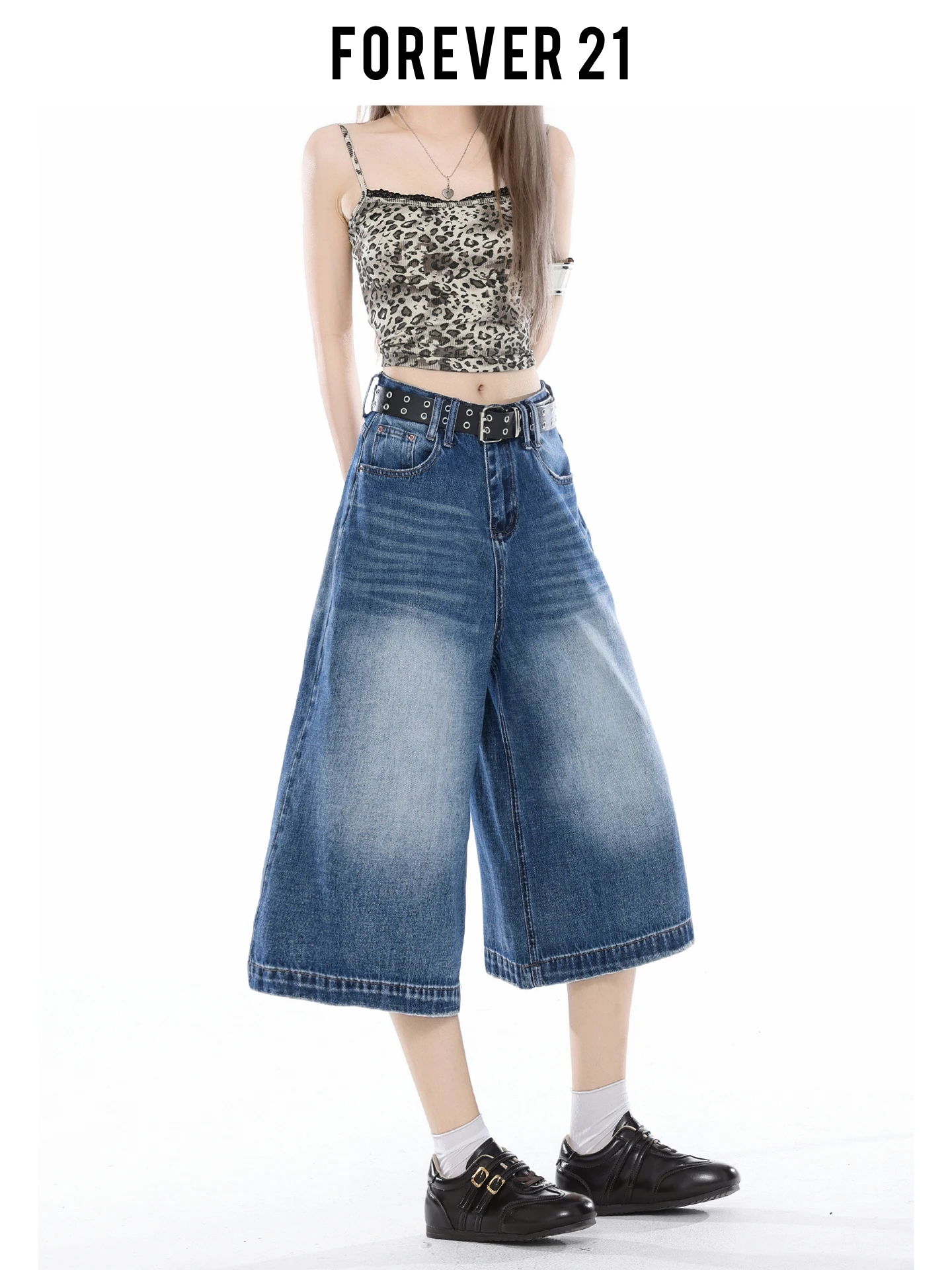 Vaqueros de cintura alta y pierna ancha estilo americano para mujer, pantalones de mezclilla azules de corte recto y holgado, pantalones de longitud media, pantalones informales Forever 21