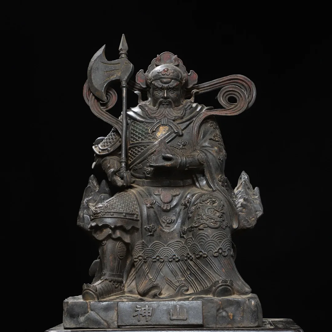 

20-дюймовая статуя горного бога киноварь из старой бронзы, форма бессмертного дверного бога в форме топора, сидящий зал поклонения Будды