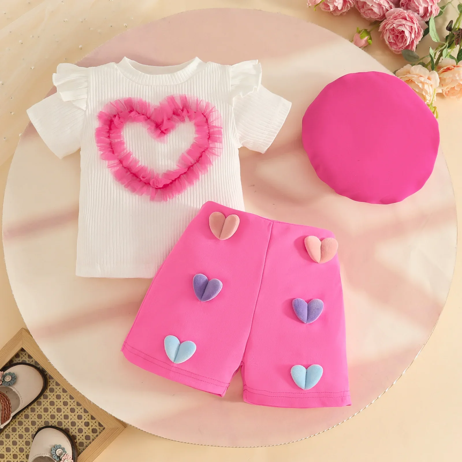 Zestaw na Walentynki dla dziewczynki: uroczy tiulowy komplet z nadrukiem serduszek, składający się z bluzki z krótkim rękawem, szortów i beretki.