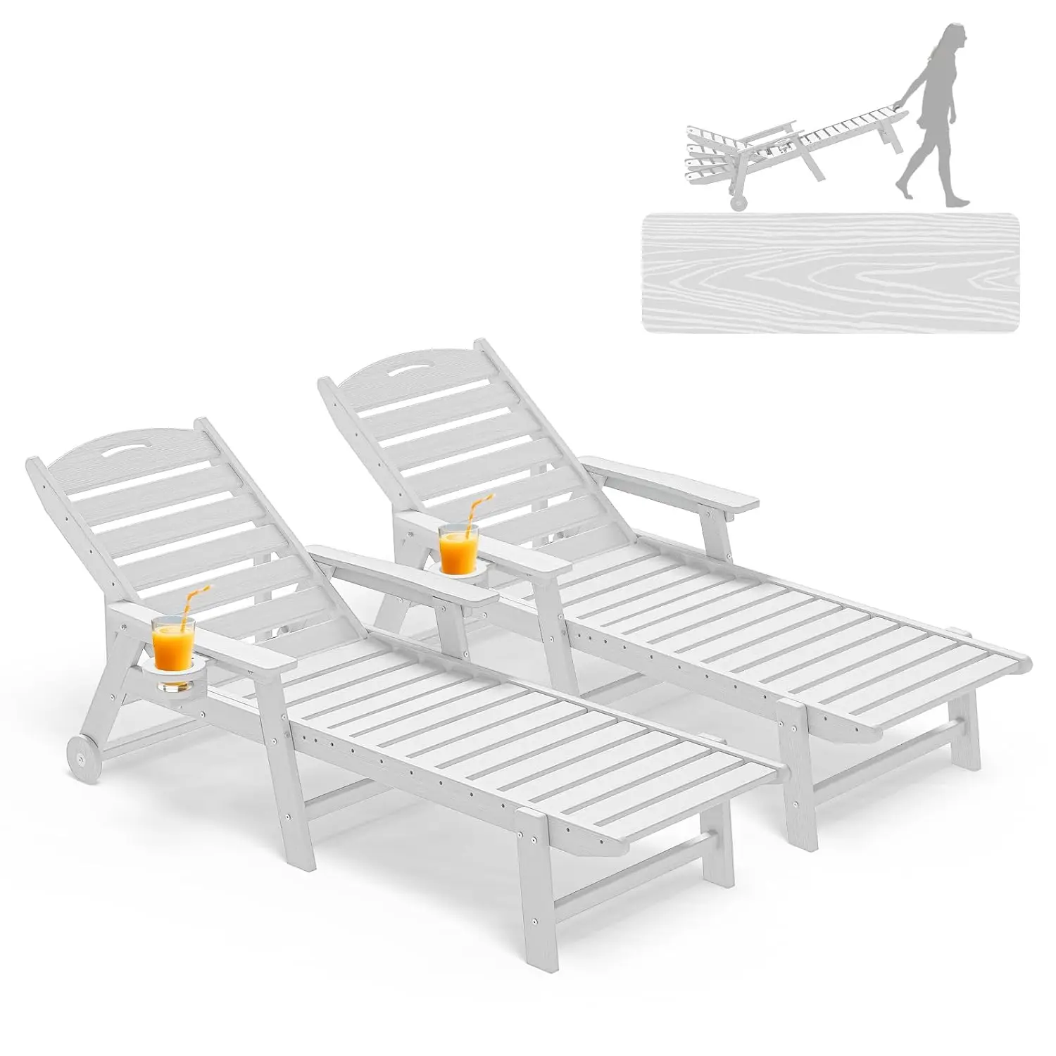 Oversized Patio Chaise Lounge Set of 2, 5-Position Adjustable HDPE Outdoor Chair with Wheels & Cup Holder, Poolside, Customized