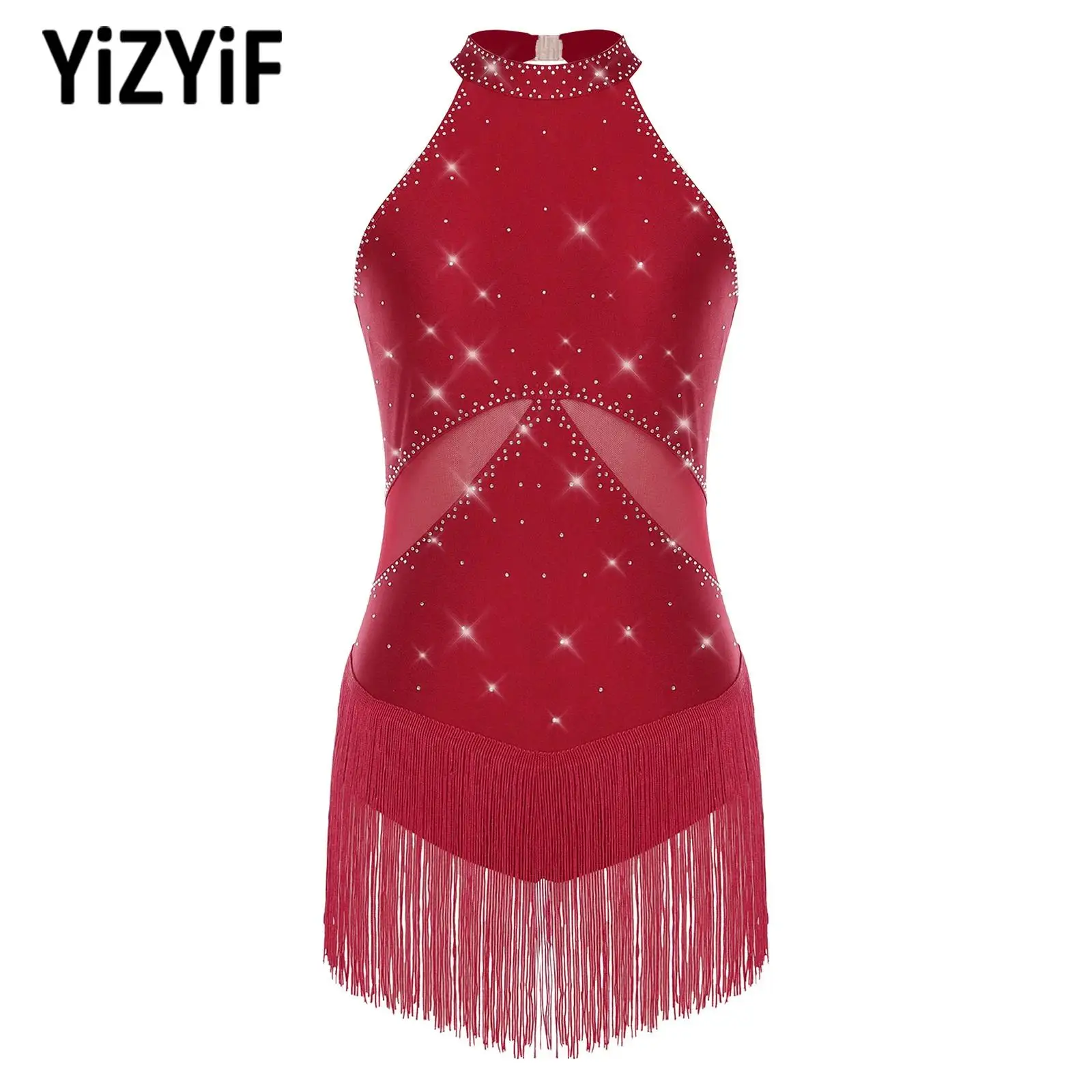 Fashion Women Latin Cha-cha Dance Costume Rhinestone Tassel Sheer Mesh Bodysuit Tango Samba Dance Skating Dance Performance Wear