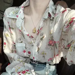 Vintage French Style Spring/Summer New Women's POLO Collar Printing Pocket Single Breasted Fashion Loose Long Sleeve Shirts Tops